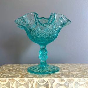 Vintage Rear Fund Fenton Light Aqua Clear Compote Candy Dish Diamonds and Bows.